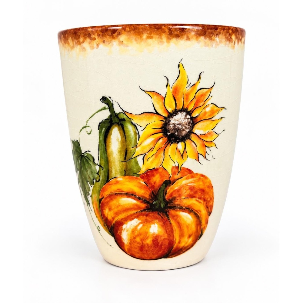 Pumpkin Sunflower Autumn Ceramic Crock Planter Vase 5.5" Autumn Decor